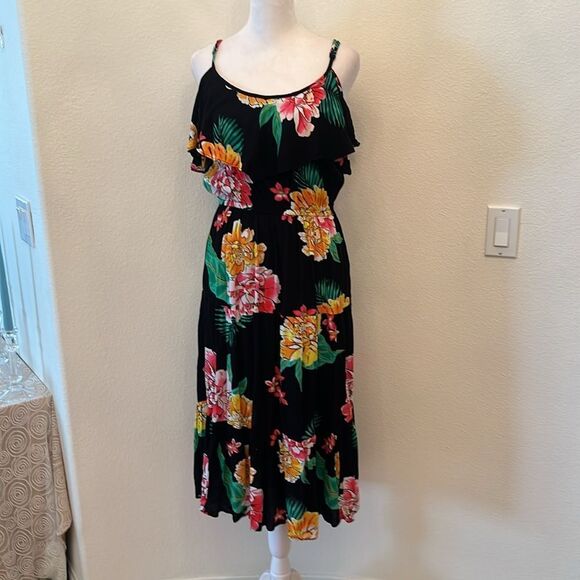 Old Navy szS cold shoulder ruffle elastic waist lined tropical print dress EUC - Picture 5 of 14